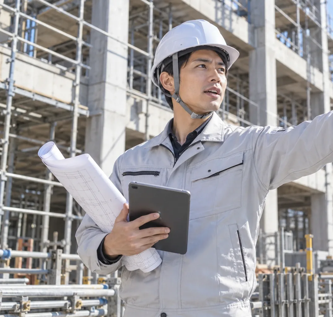 公共工事の建設現場で、図面とタブレットを持って指示を出す施工管理(現場監督)