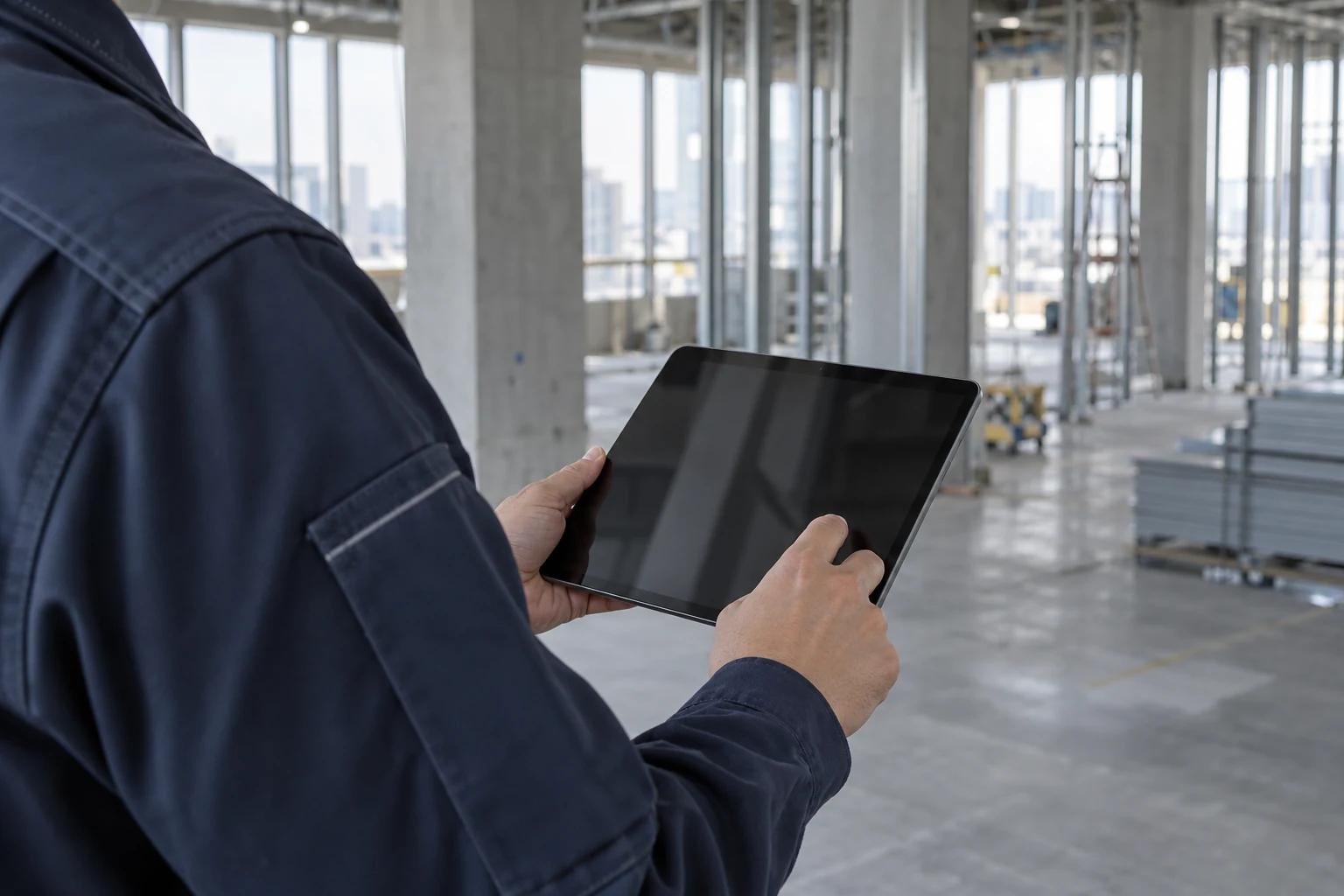 施工中の建物でタブレットを手に記録を確認する場面