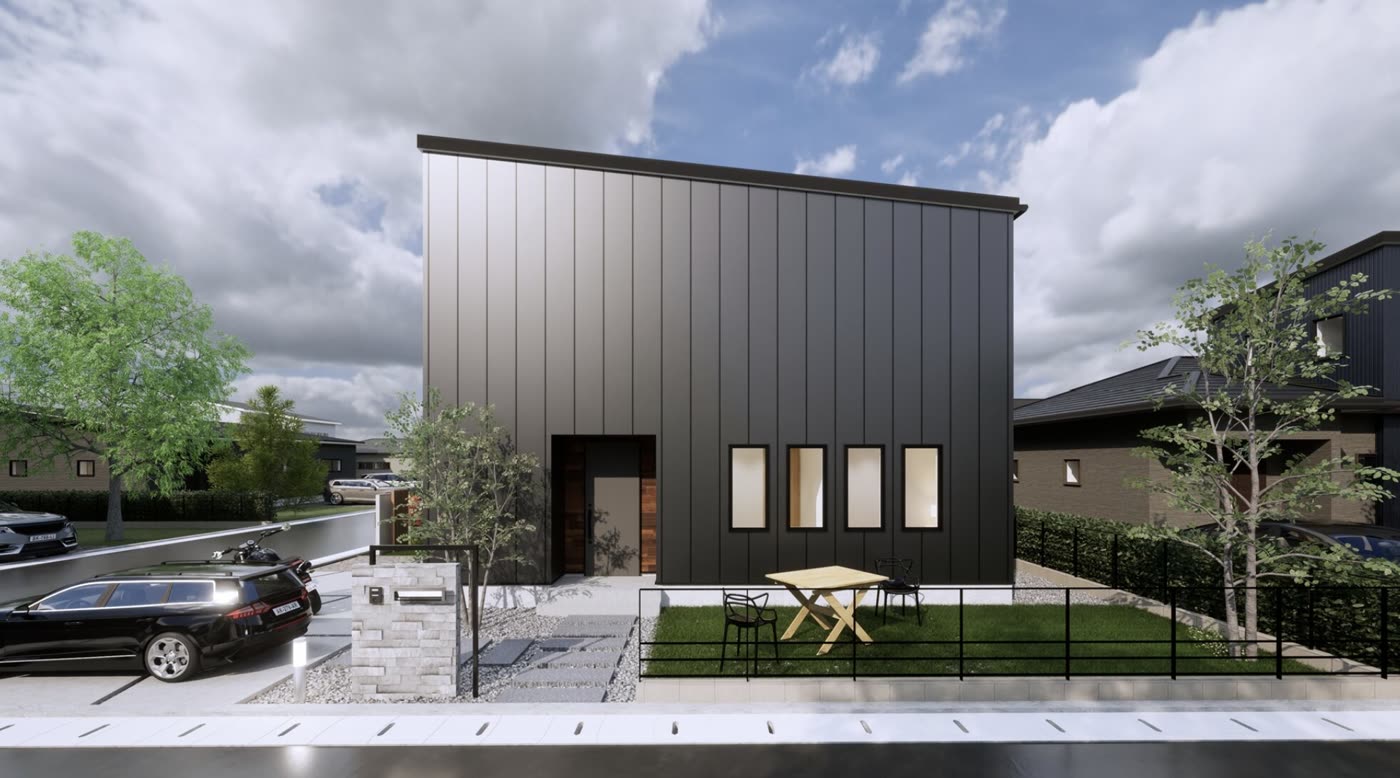 Casa Terraを想定したベージュ外壁の2階建て住宅の外観CG