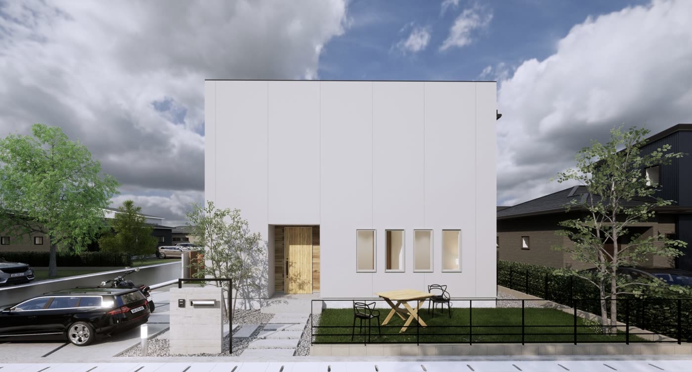 Lumisを想定した黒いガルバリウム外壁の2階建て住宅の外観CG
