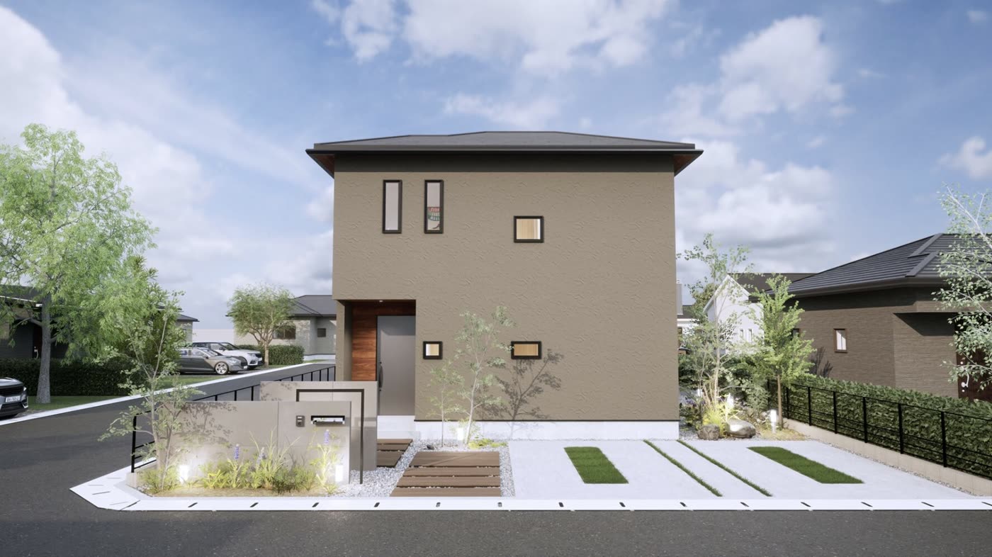 Nestiaを想定した白いキューブ型2階建て住宅の外観CG